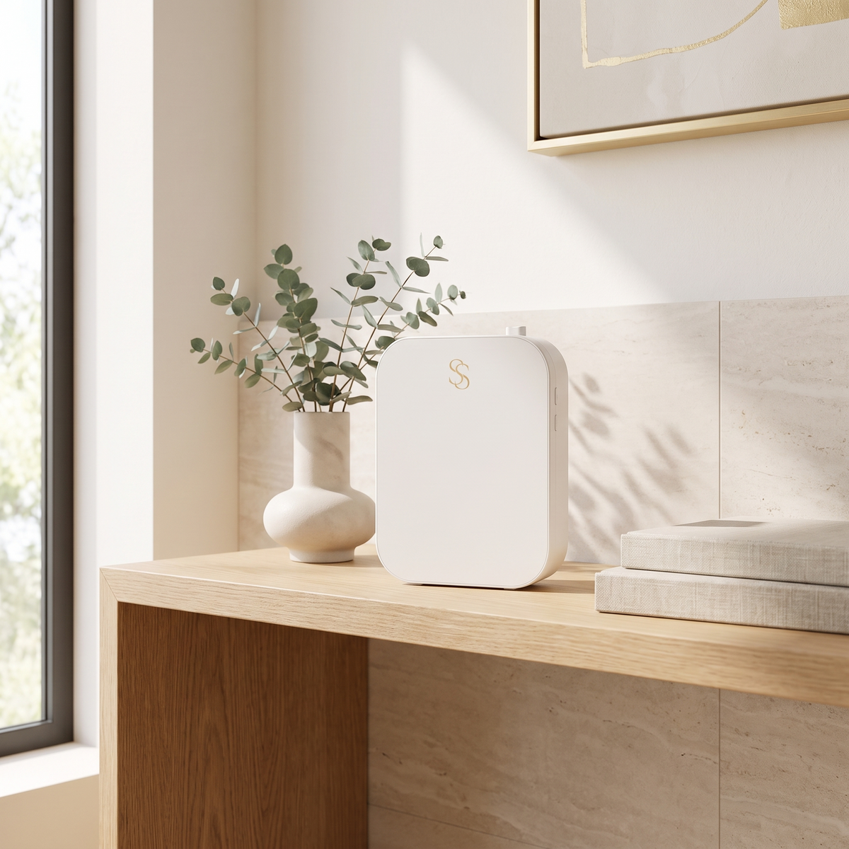 Wall Diffuser standing on a console table with USB-C cable