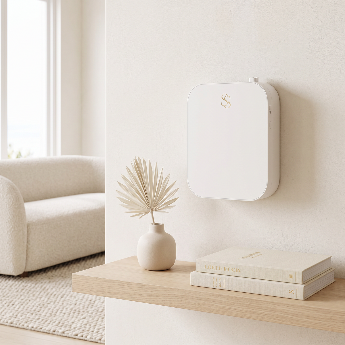 Wall Diffuser mounted on a wall above a wood shelf